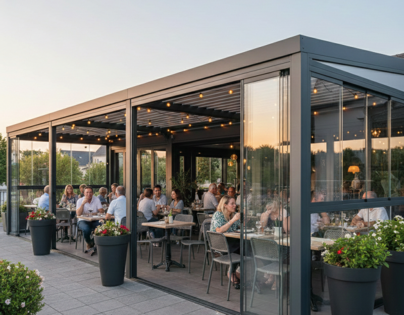  pergola à lames orientables motorisées avec vitrage coulissant pour cafés restaurants 31 et 09
